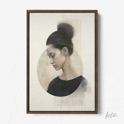 framed contemporary art piece featuring a female portrait in earthy tones with dark wood frame