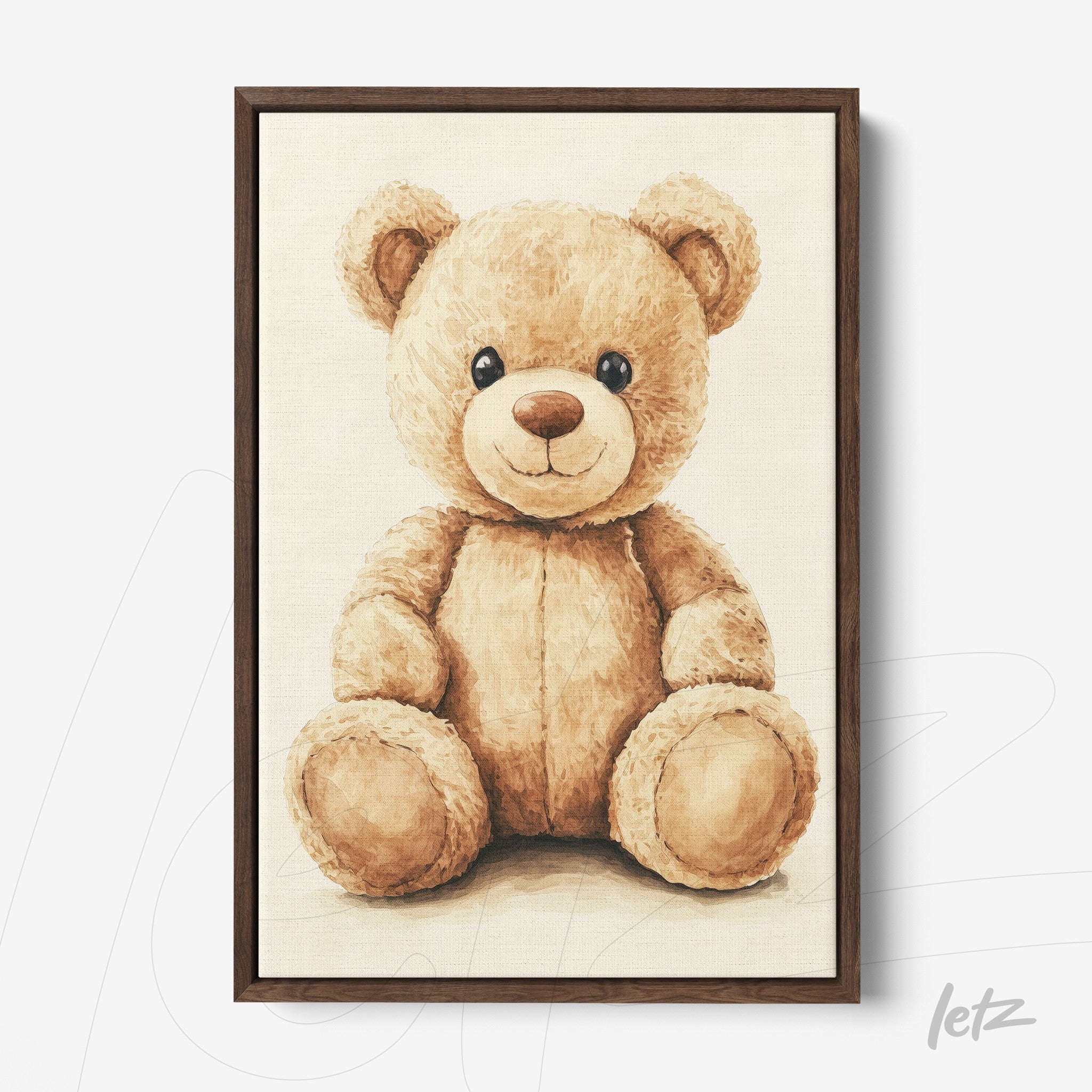 framed artwork of a teddy bear with dark wooden frame