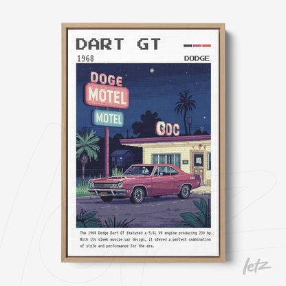 framed retro art of a 1968 Dodge Dart GT in front of the Dodge Motel, featuring palm trees in the background