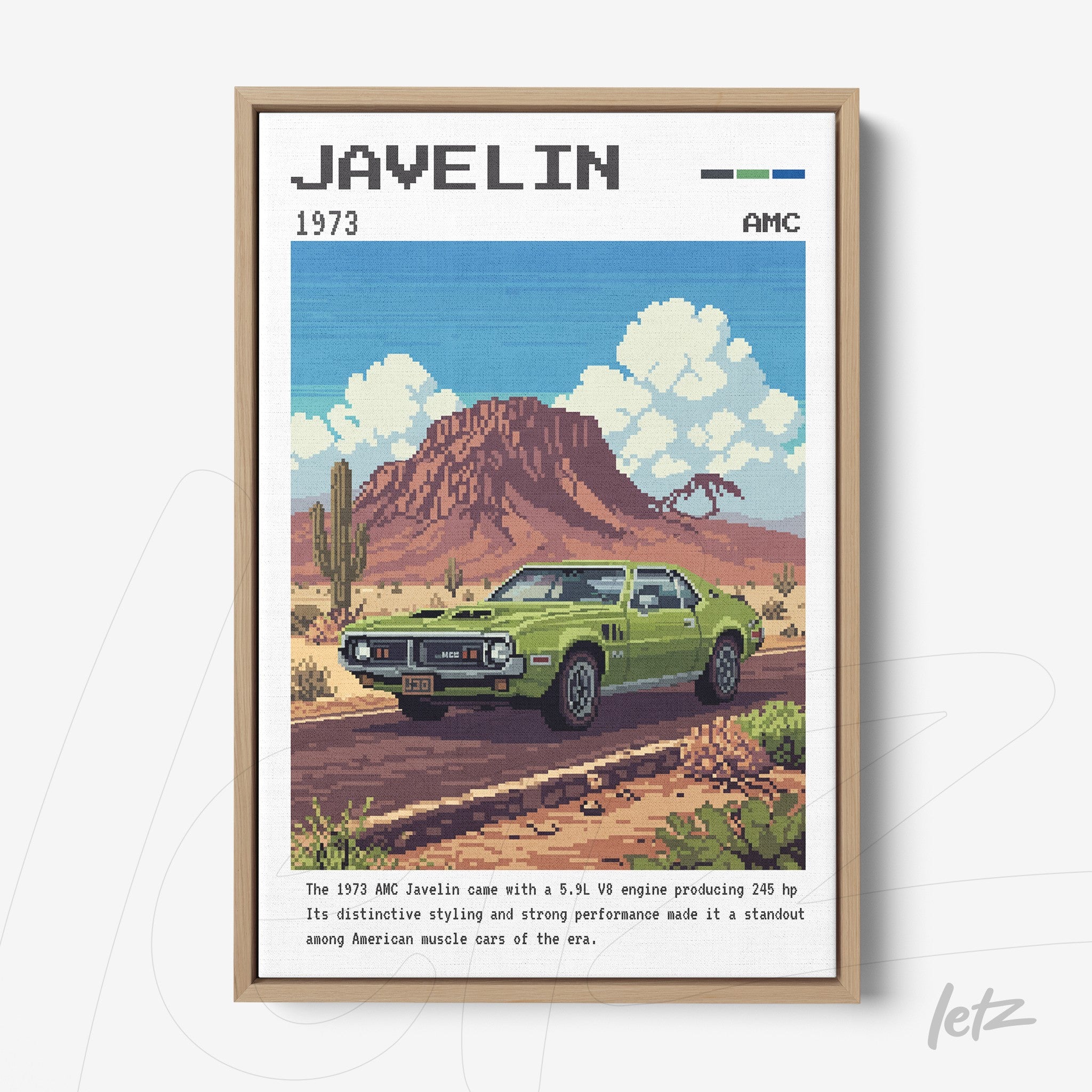 pixel art framed print of a green AMC Javelin car in a desert setting with mountains and blue sky in the background
