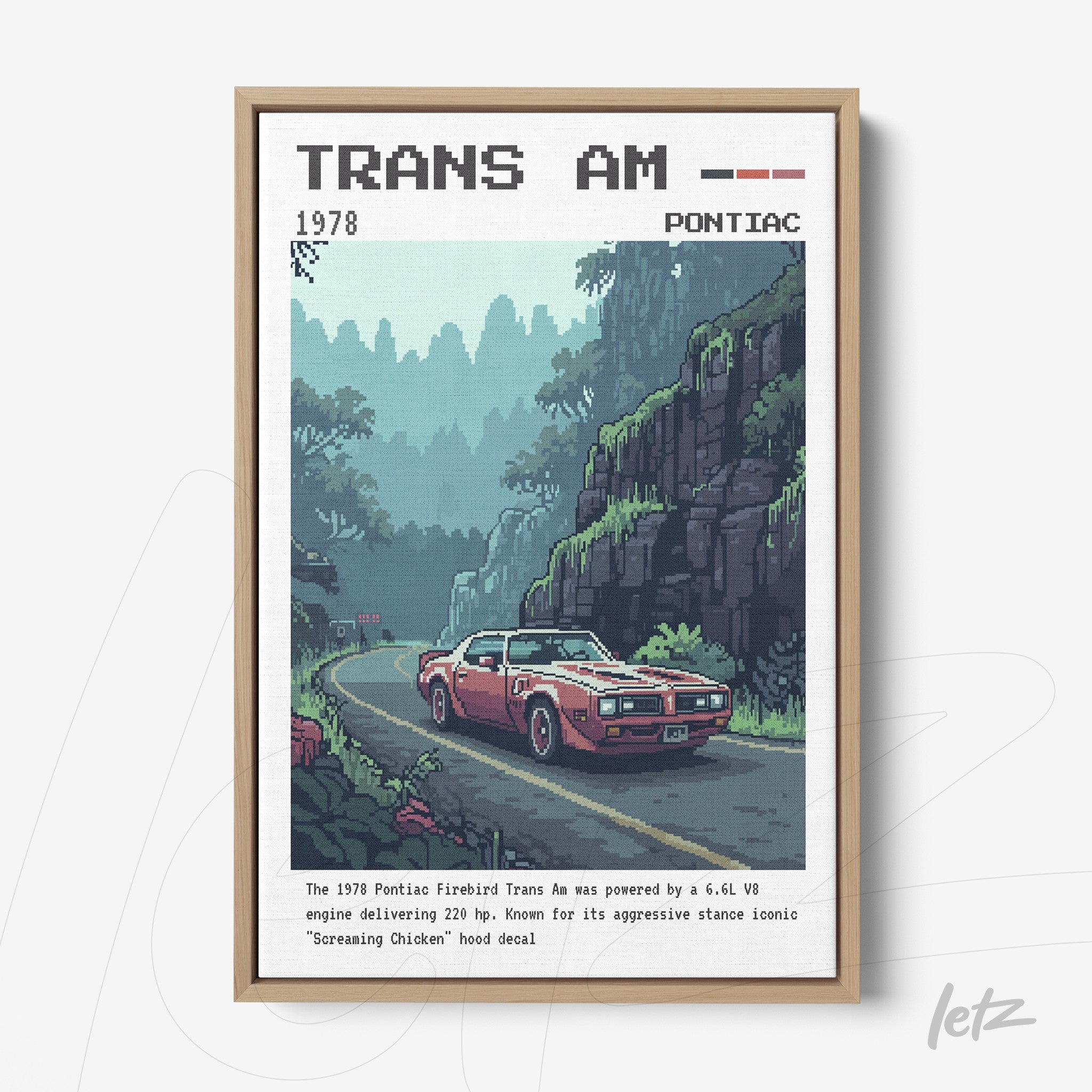 pixel art wall decor of 1978 Pontiac Trans Am in light wood frame