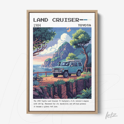 framed artwork of the 1984 Toyota Land Cruiser with scenic landscape background