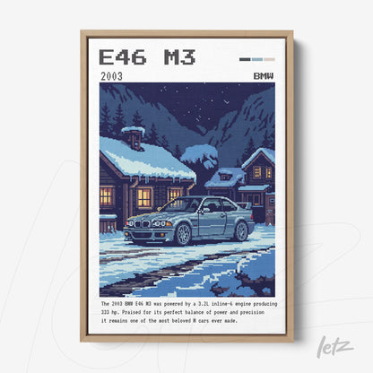 pixel art print of a BMW M3 E46 in a winter scene featuring a wooden house in the background and falling snowflakes, framed in a light wood frame