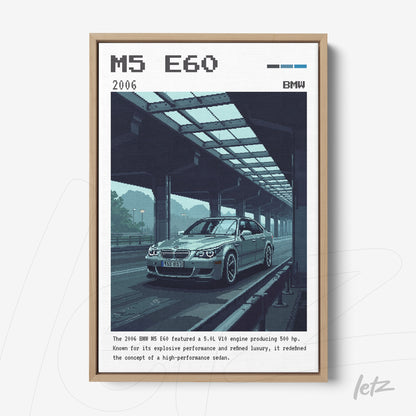 framed digital artwork of the BMW M5 E60 car with light wood frame