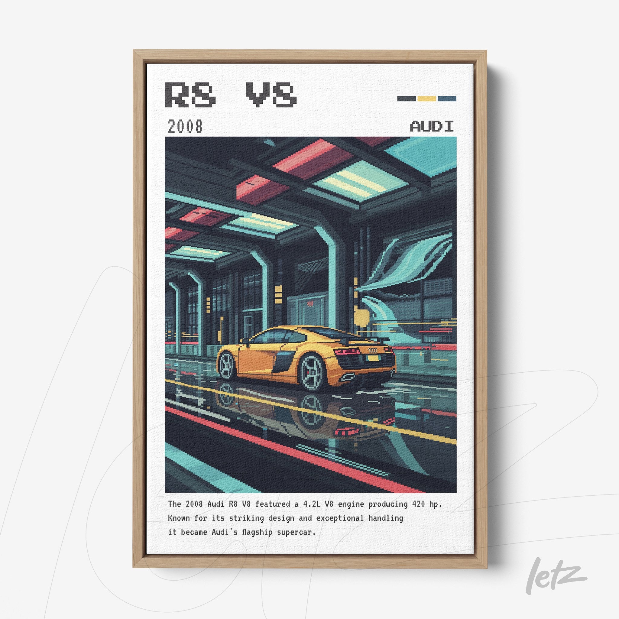digital artwork of a pixelated Audi R8 V8 sports car in light wood frame