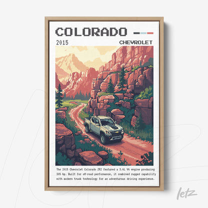 vintage style framed illustration of a 2015 Chevrolet Colorado truck on a mountain road