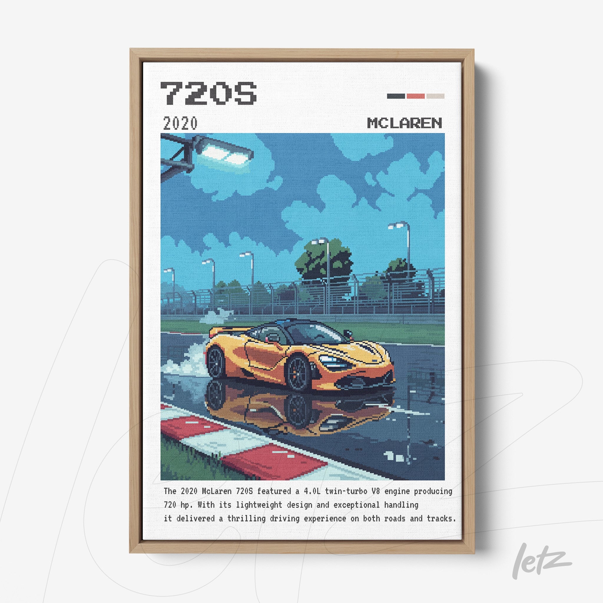 digital artwork of McLaren 720S sports car on a night racetrack with light reflections, framed in light wood