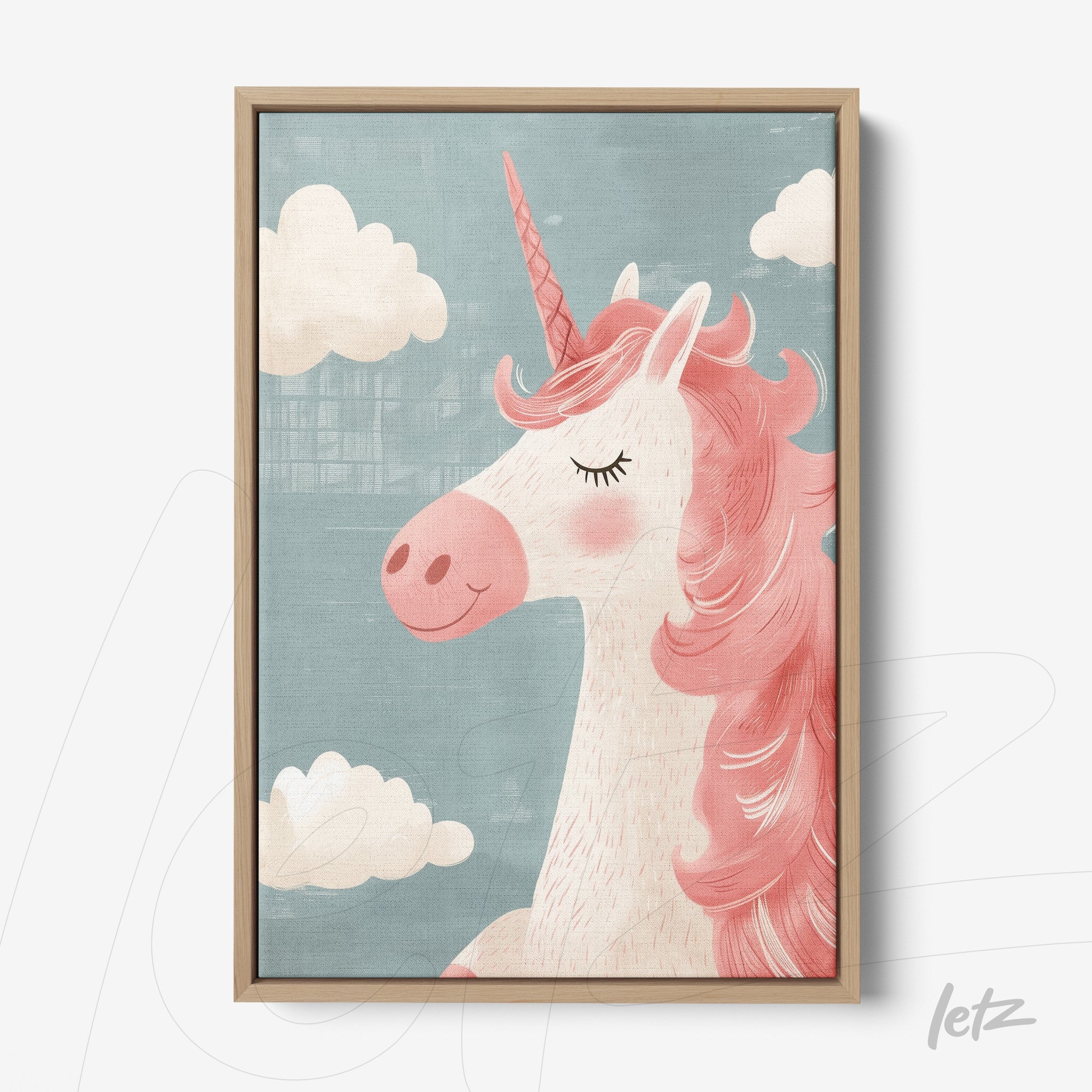 canvas print featuring a pink unicorn illustration against a blue background with white clouds and a light wood frame