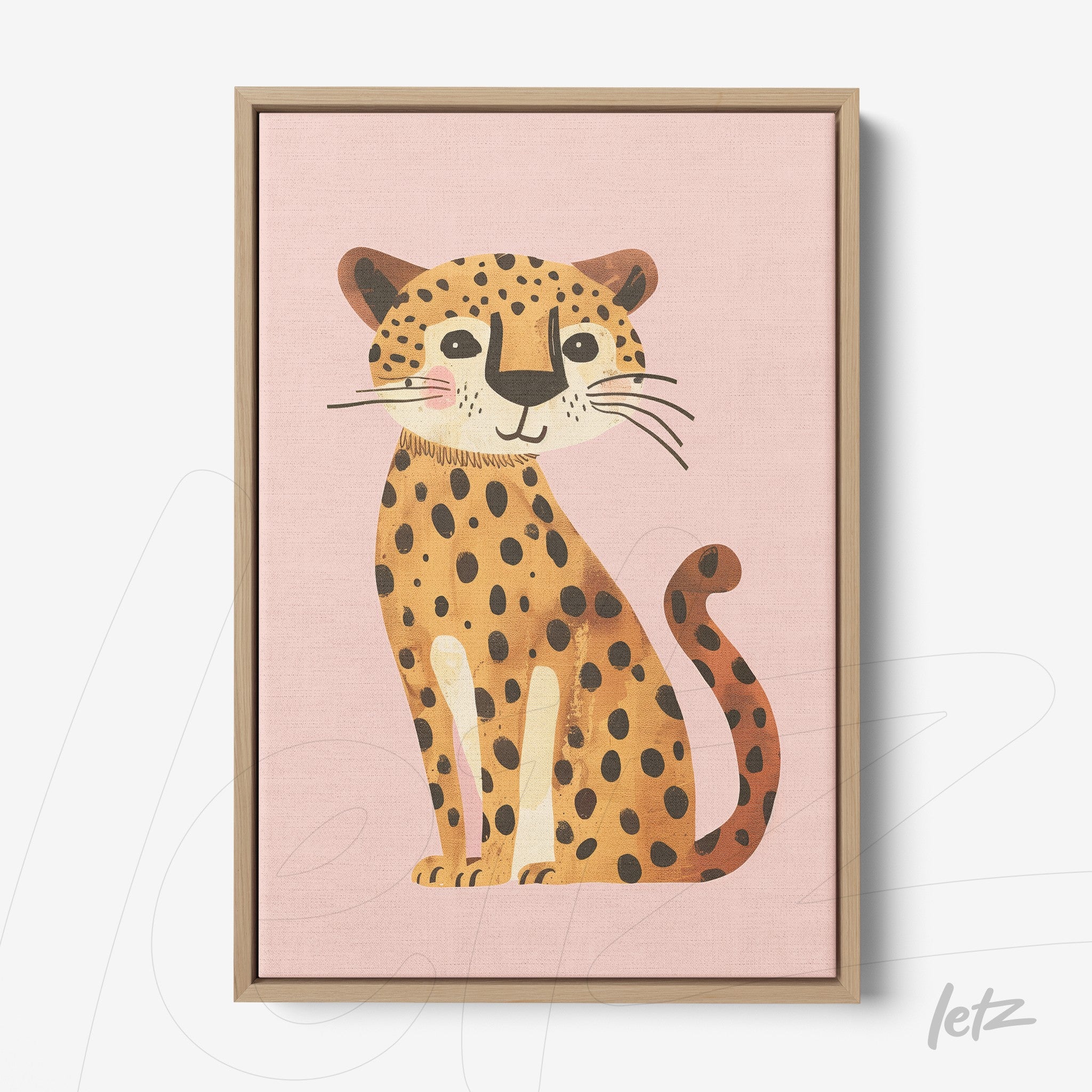 framed artwork featuring a cute leopard illustration on pink background with light wood frame