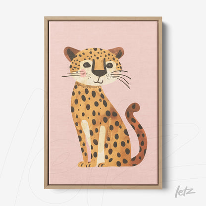 framed artwork featuring a cute leopard illustration on pink background with light wood frame