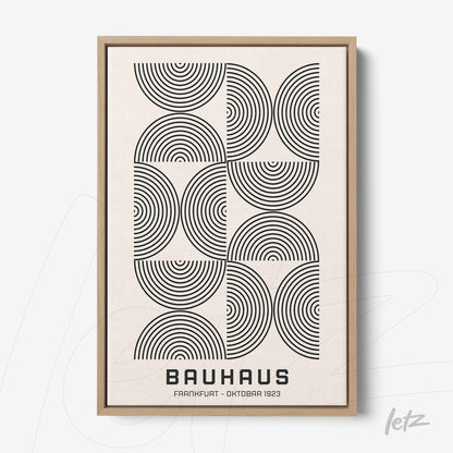 abstract geometric bauhaus style art with overlapping circles in light wood frame