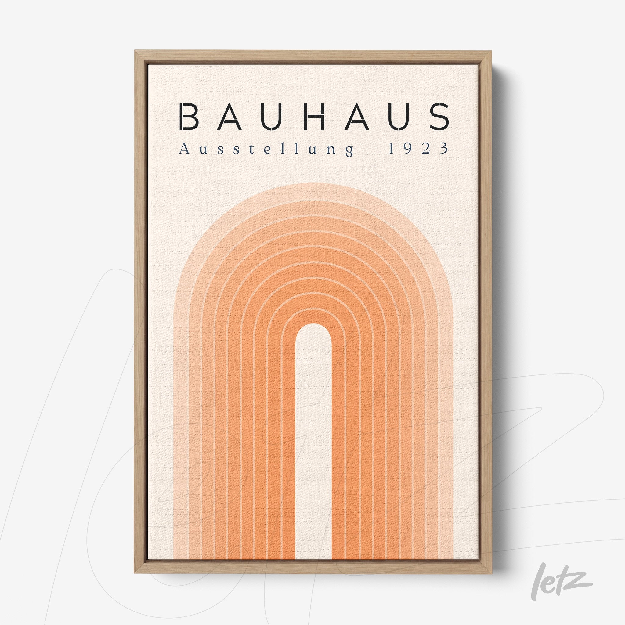 poster print with minimalist design of orange arches in a light wood frame