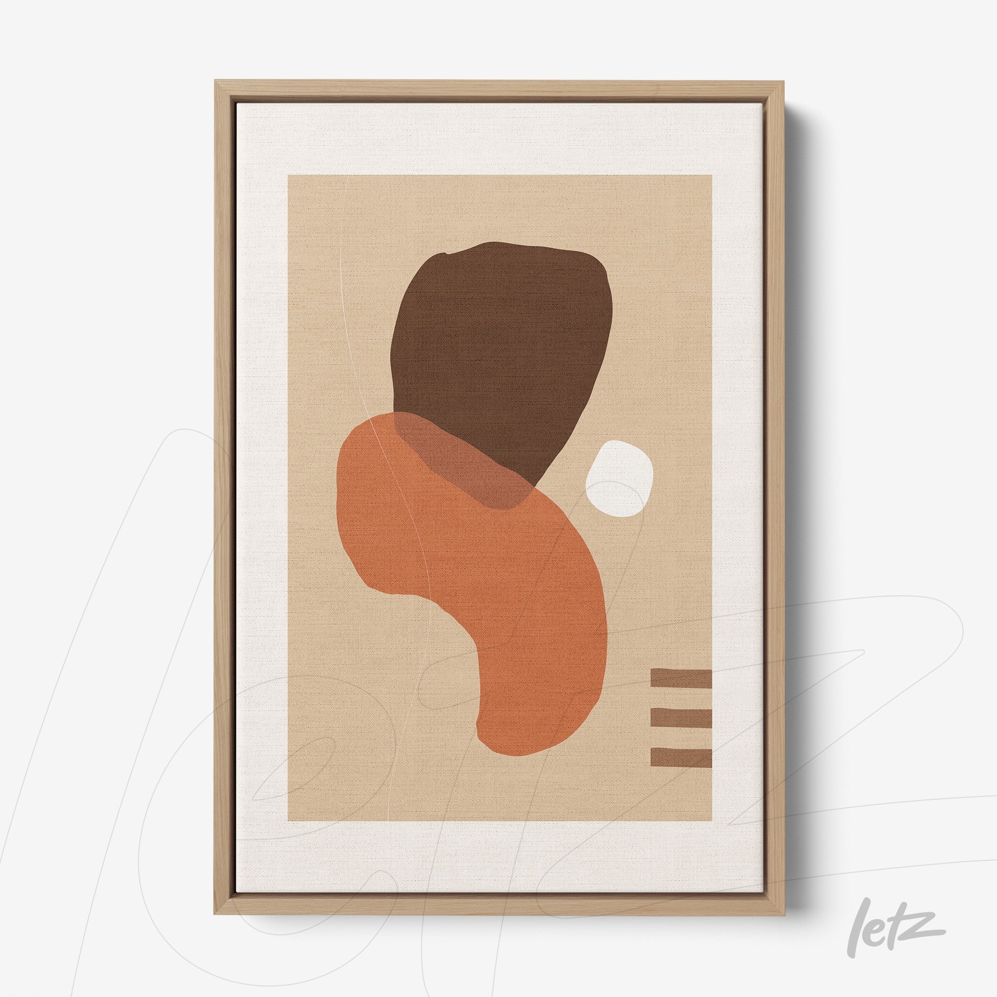 canvas print featuring abstract art with organic shapes in earthy tones framed in light wood