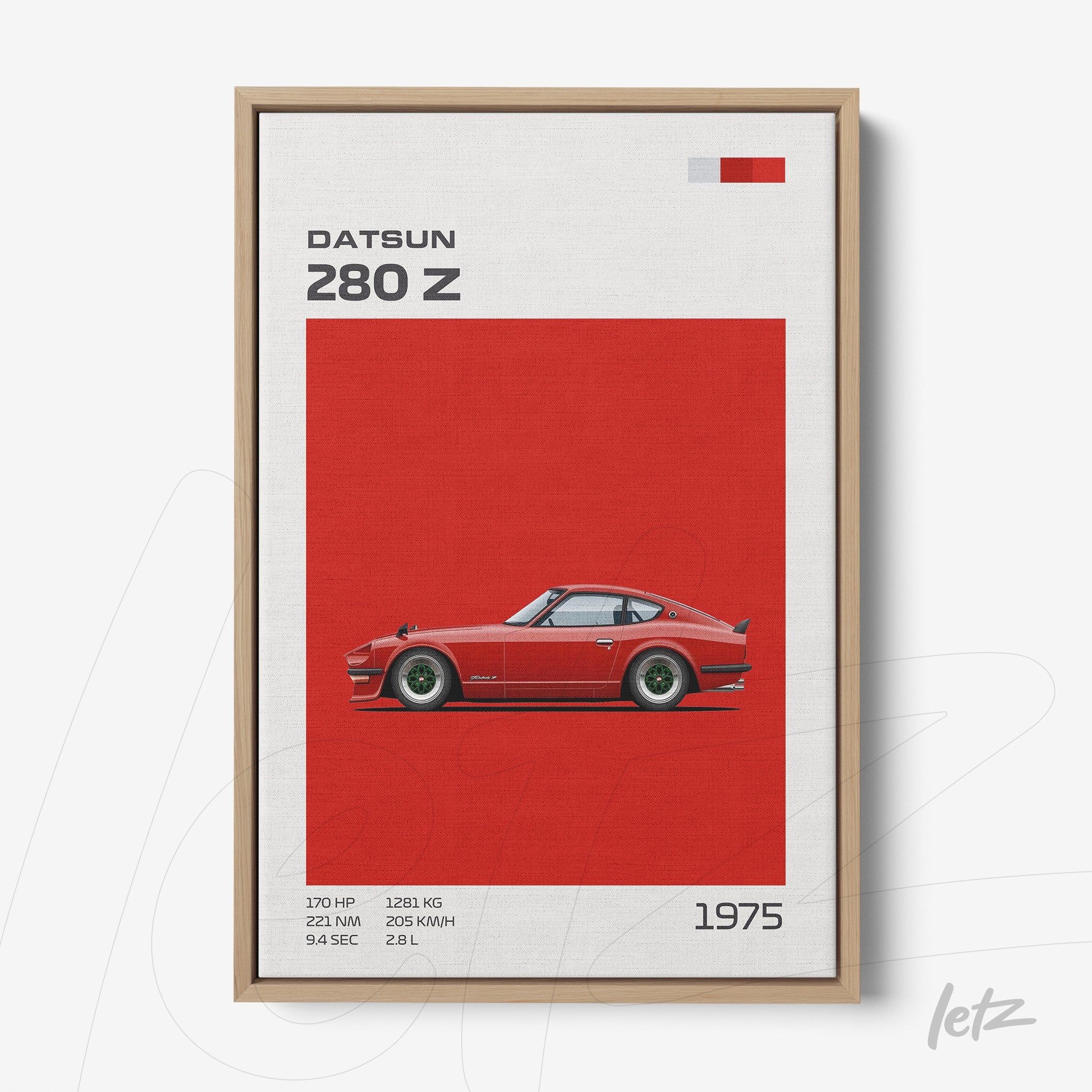 framed minimalistic art of Datsun 280 Z car on red background with light wood frame