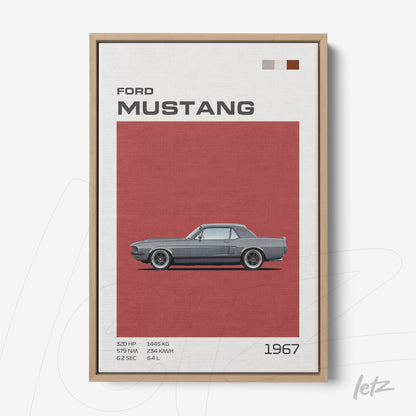 framed artwork of a retro illustration of the 1967 Ford Mustang with light wood frame