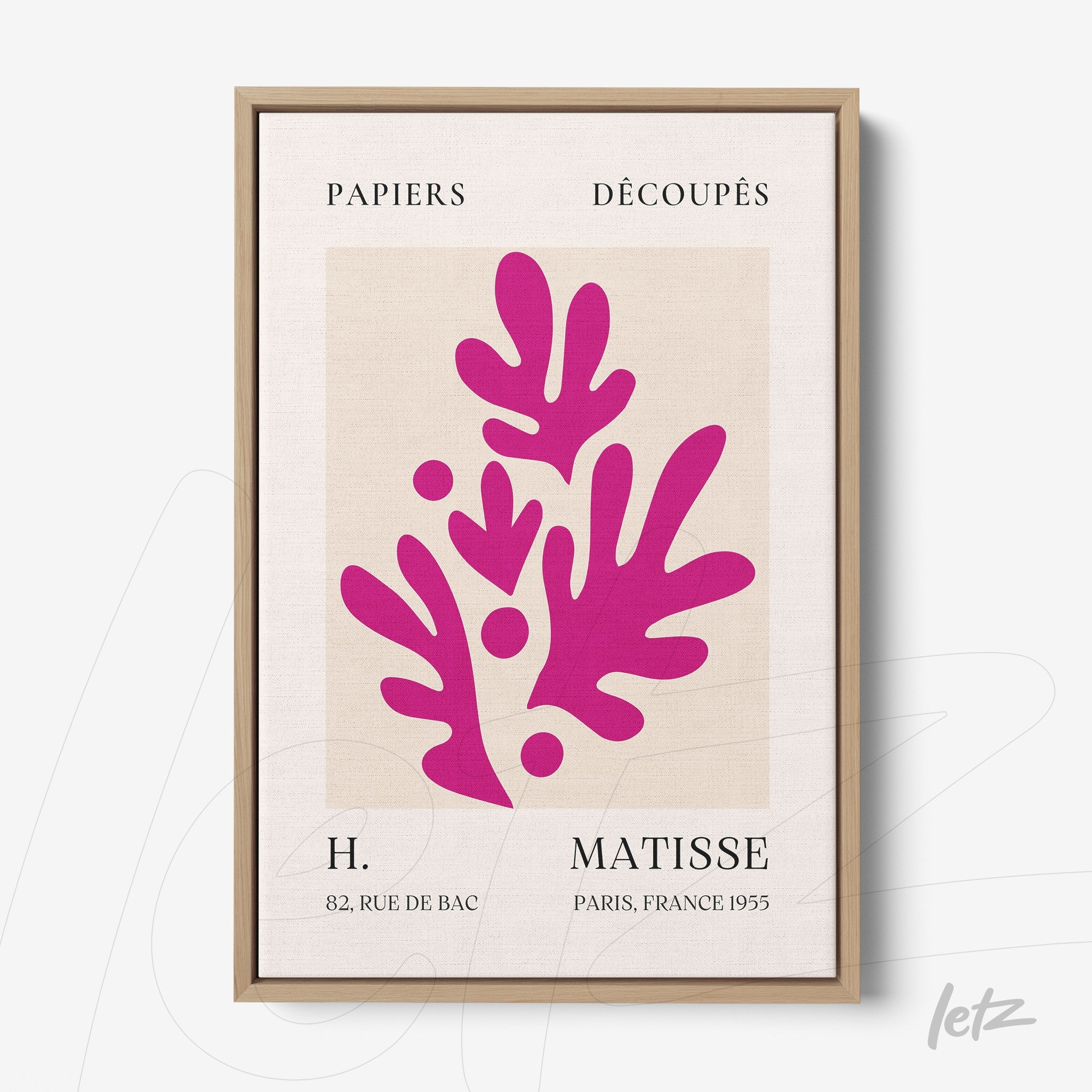 modern art framed wall art featuring vibrant foliage shapes with light wood frame