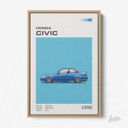 framed wall art featuring an illustration of a 1996 Honda Civic on a blue background with a light wood frame