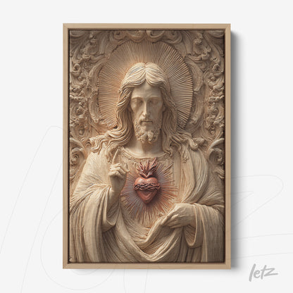 wooden relief artwork of the sacred heart of jesus in light frame