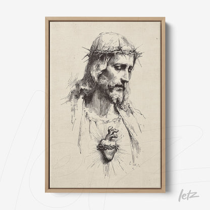 canvas art featuring a realistic illustration of Jesus Christ emphasizing the Sacred Heart in a light wood frame