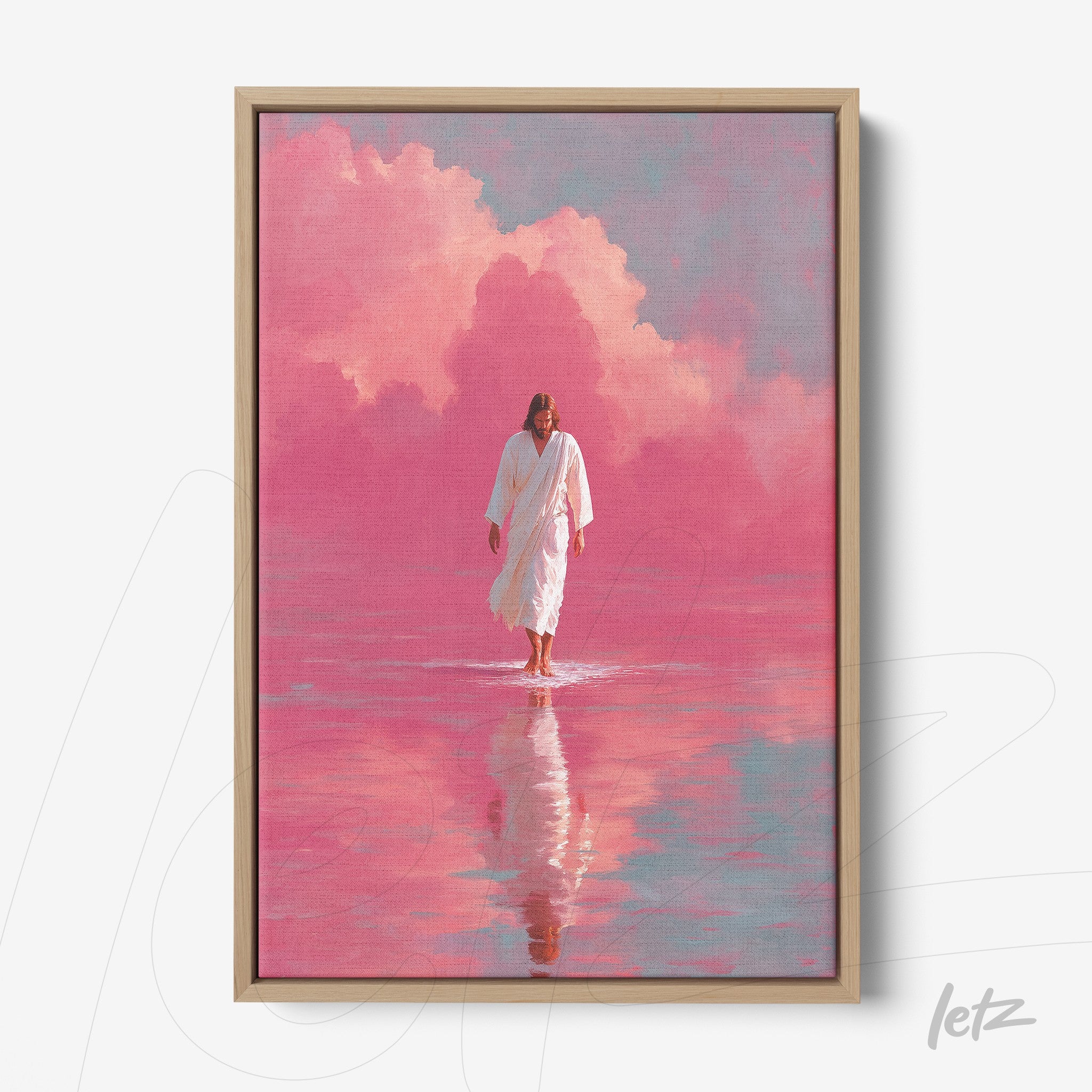 religious artwork depicting a figure walking on water with vibrant pink background, light wood frame