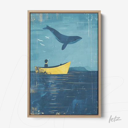 framed artwork featuring a person in a yellow boat with a whale jumping in the background, set against a blue ocean scene