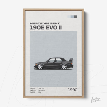 framed wall art featuring an illustration of the Mercedes Benz 190E EVO II against a gray background with technical specifications displayed