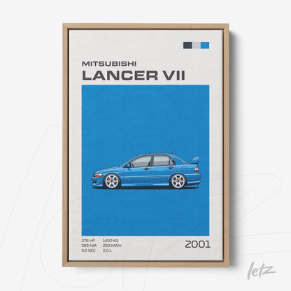 framed graphic art of a Mitsubishi Lancer VII on blue background with light wood frame