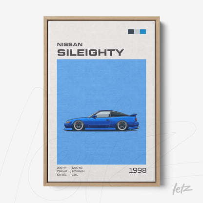 framed digital art of Nissan Sil80 car in blue background with light wood frame
