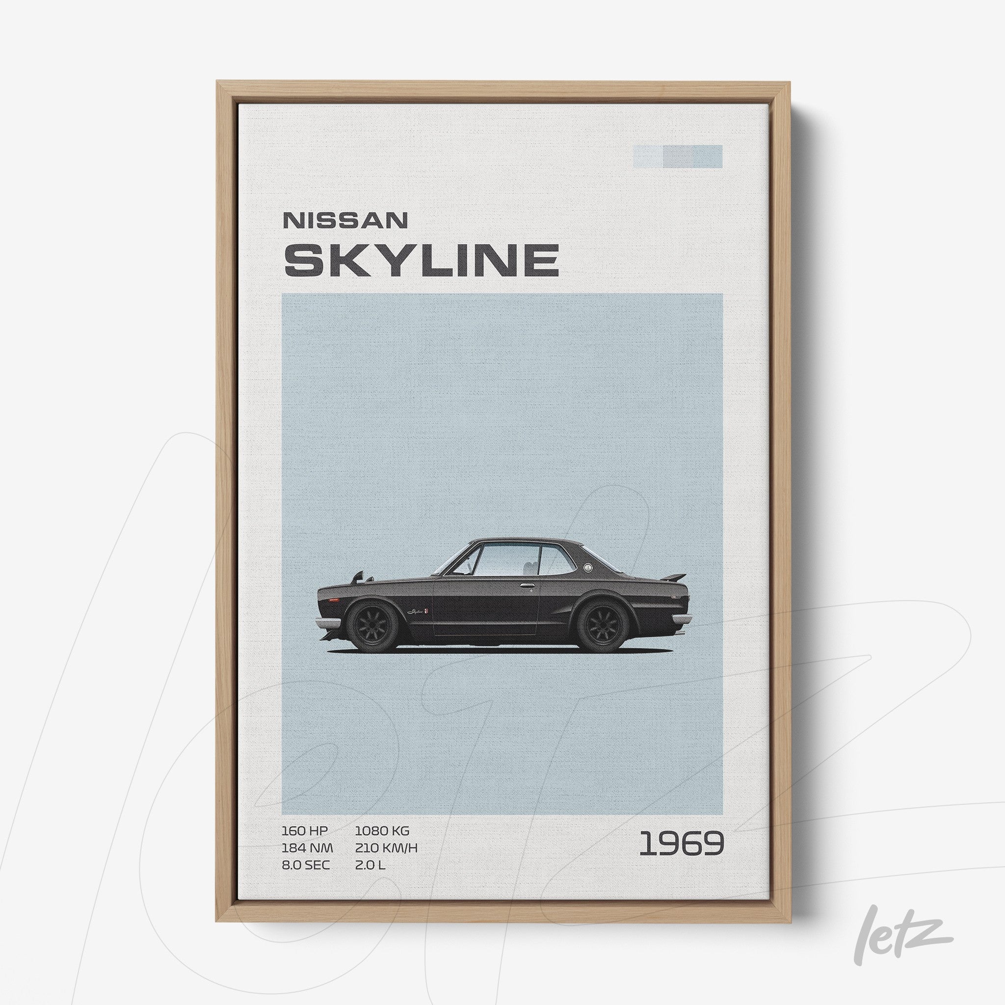digital art frame featuring a 1969 Nissan Skyline in a light wood frame