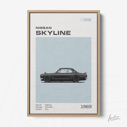 digital art frame featuring a 1969 Nissan Skyline in a light wood frame