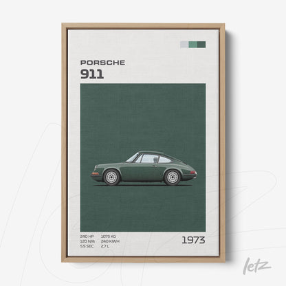 framed wall art depicting a green Porsche 911 car with clear wooden frame and informational details at the bottom