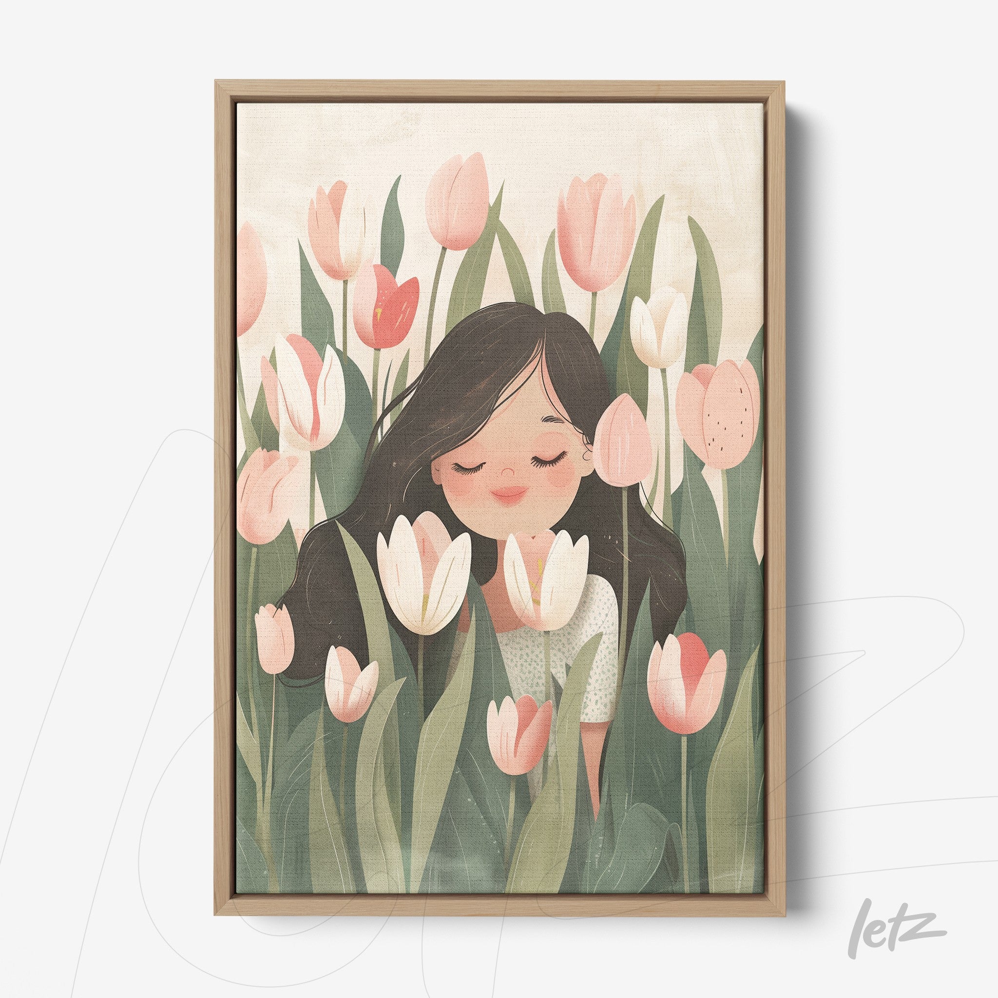framed artwork featuring a pastel illustration of a smiling woman surrounded by tulip flowers with a light wood frame
