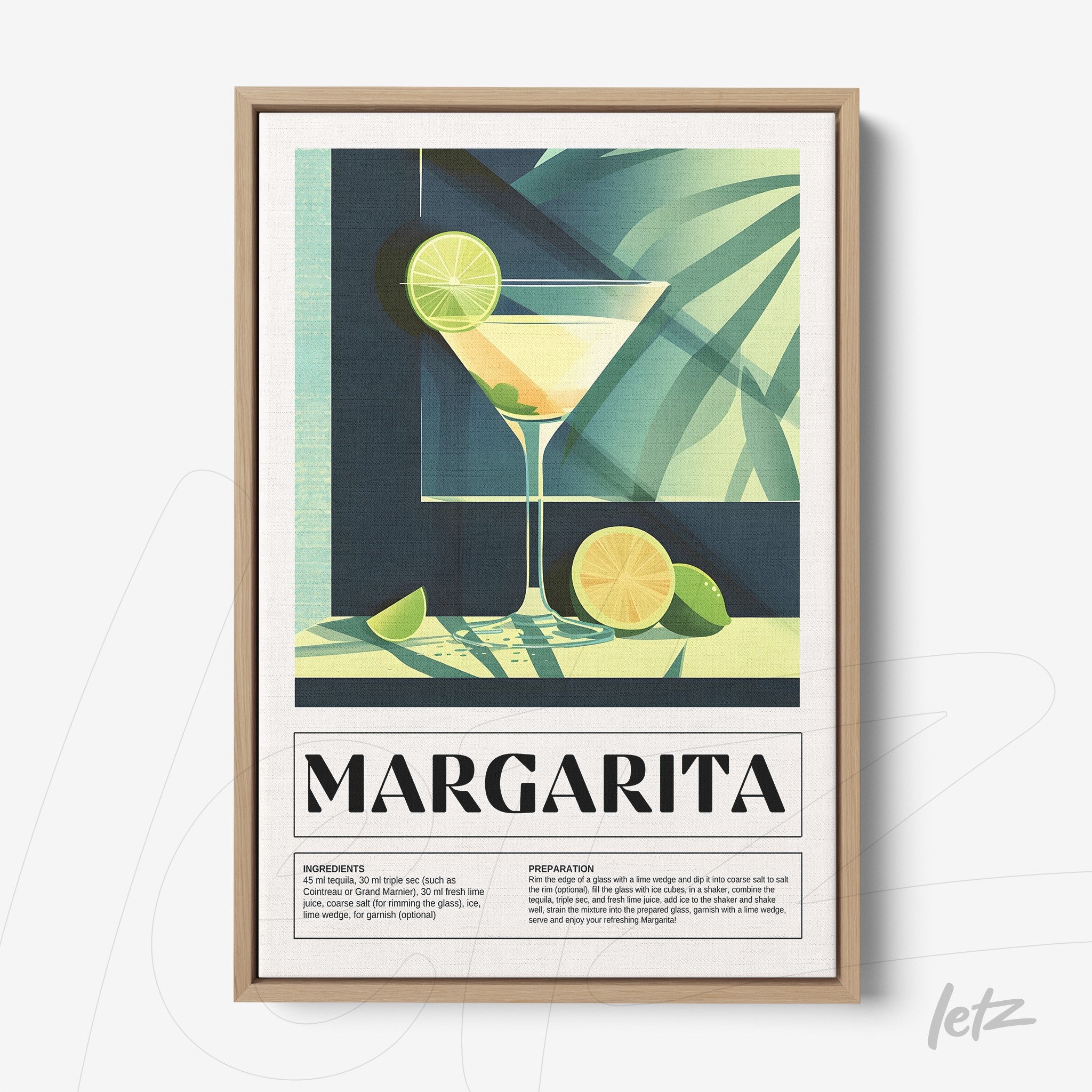 modern art print of margarita cocktail in light wooden frame
