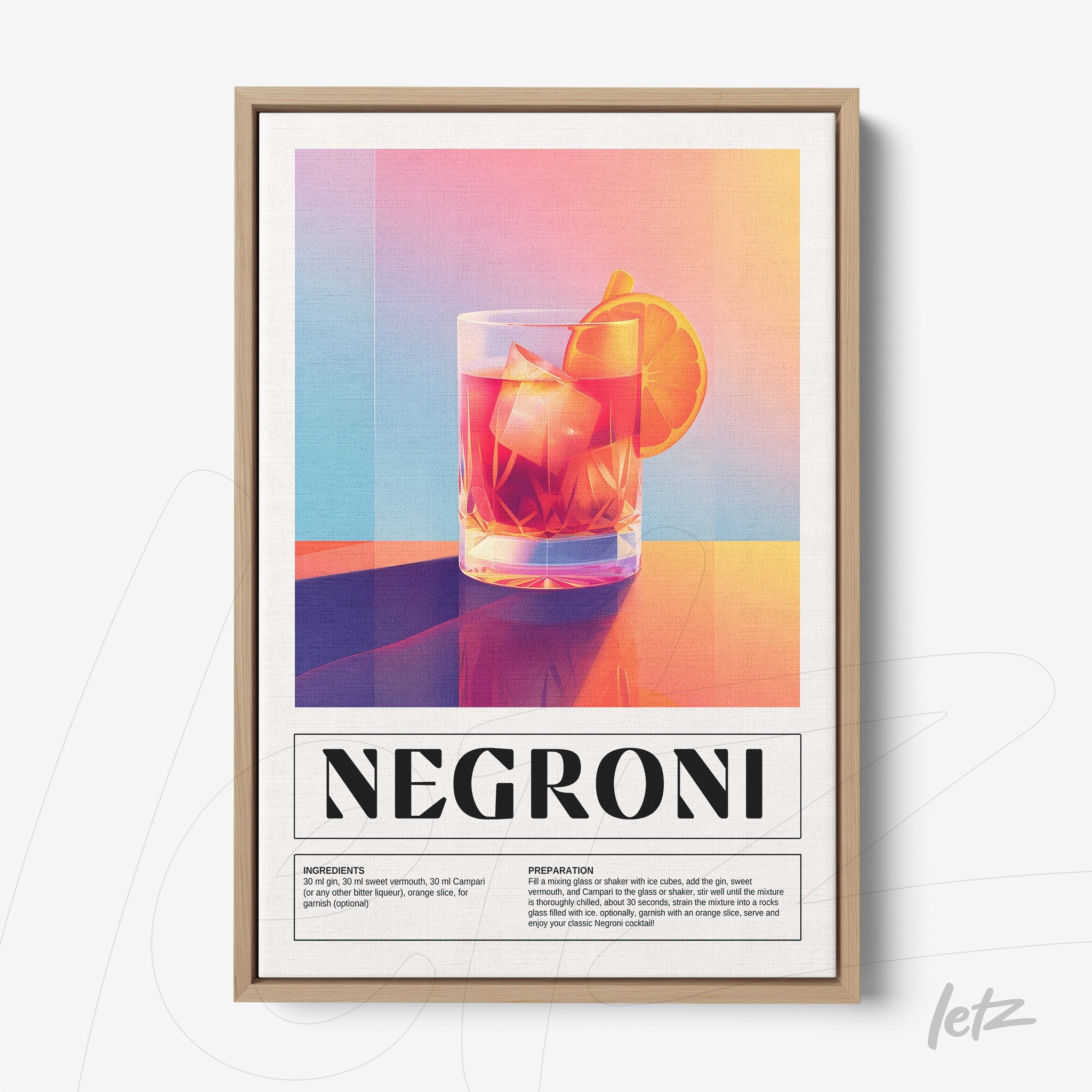 framed digital art of negroni cocktail with fruit and ice, light wood frame