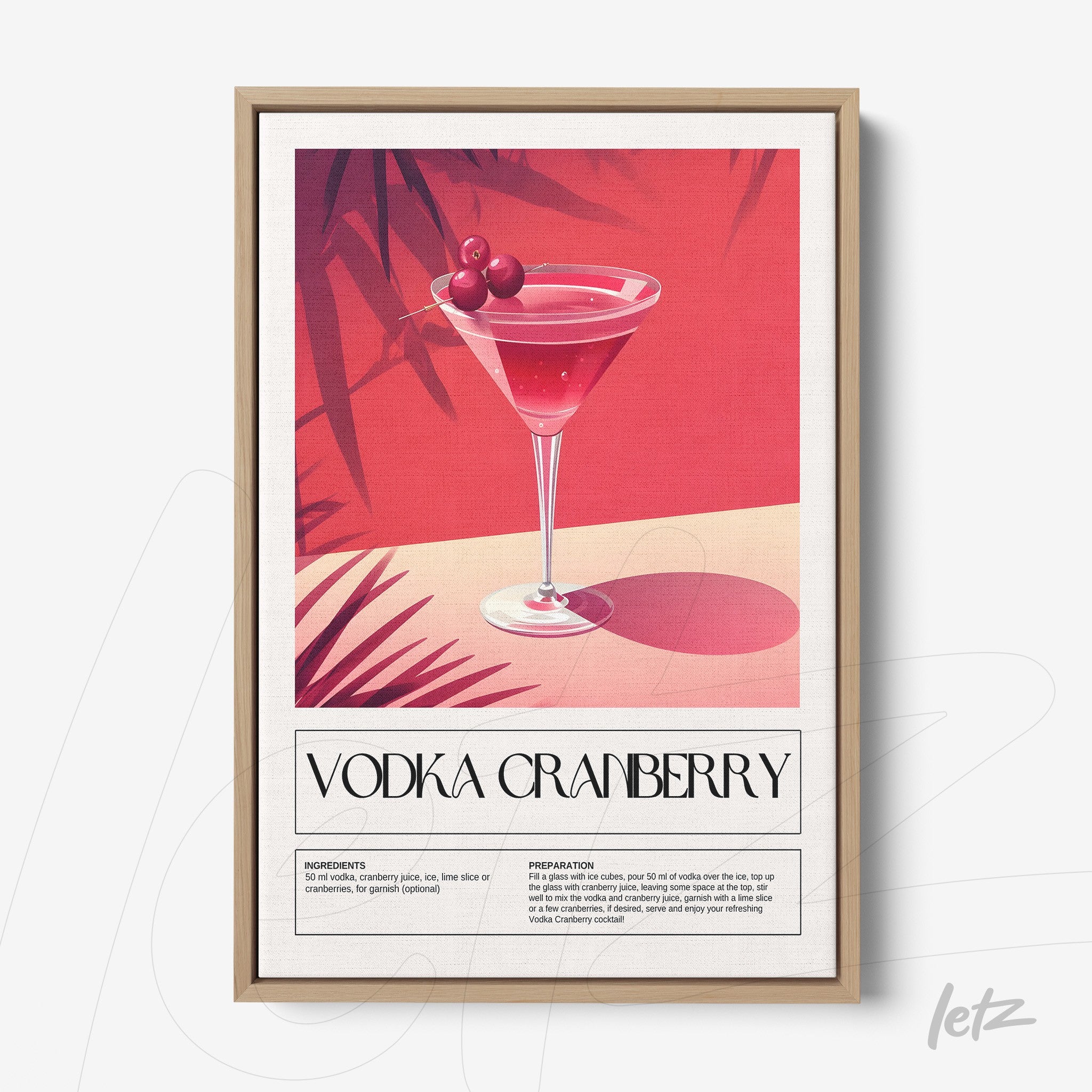 framed wall art depicting a vodka cranberry cocktail with a clear wooden frame