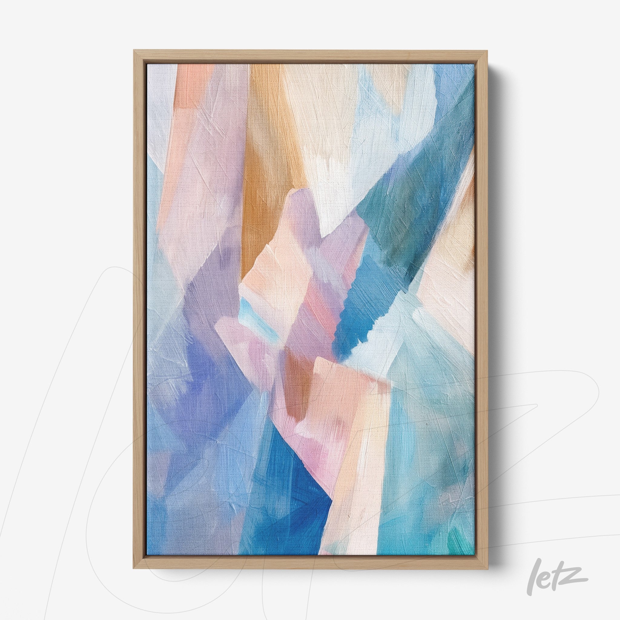 abstract art piece in shades of blue, pink, and cream displayed in a light wood frame