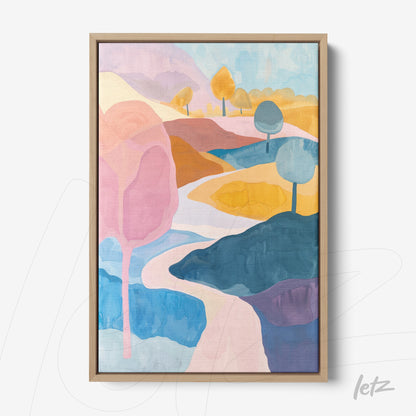 framed abstract artwork of a pastel landscape with pink and blue trees on a soft background