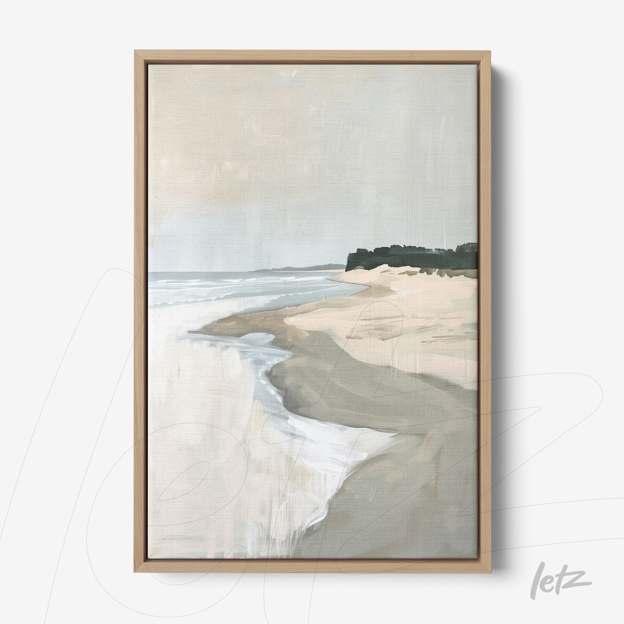 framed artwork featuring a serene beach landscape with light sand and greenery in the background