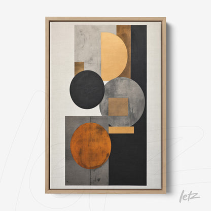 abstract wall art featuring circles and geometric shapes in shades of orange, gray, and black framed with a light wood frame
