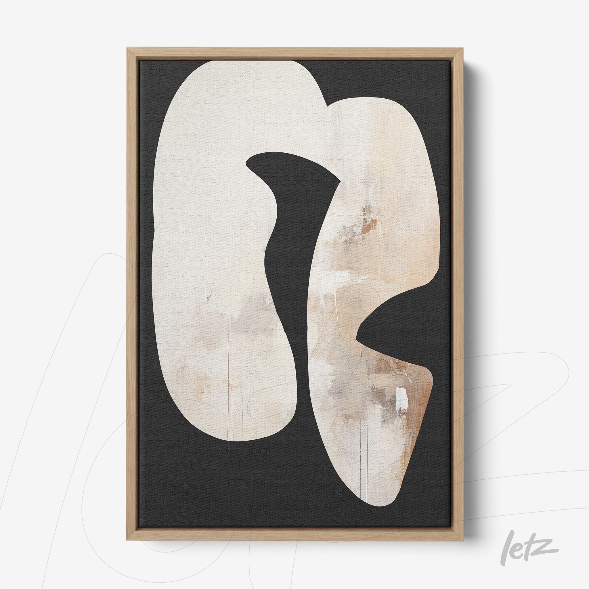 framed wall art featuring abstract design with organic shapes in beige tones on black background and light wood frame
