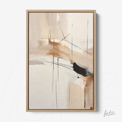 framed abstract wall art in neutral tones with black lines and orange accents in light wood frame