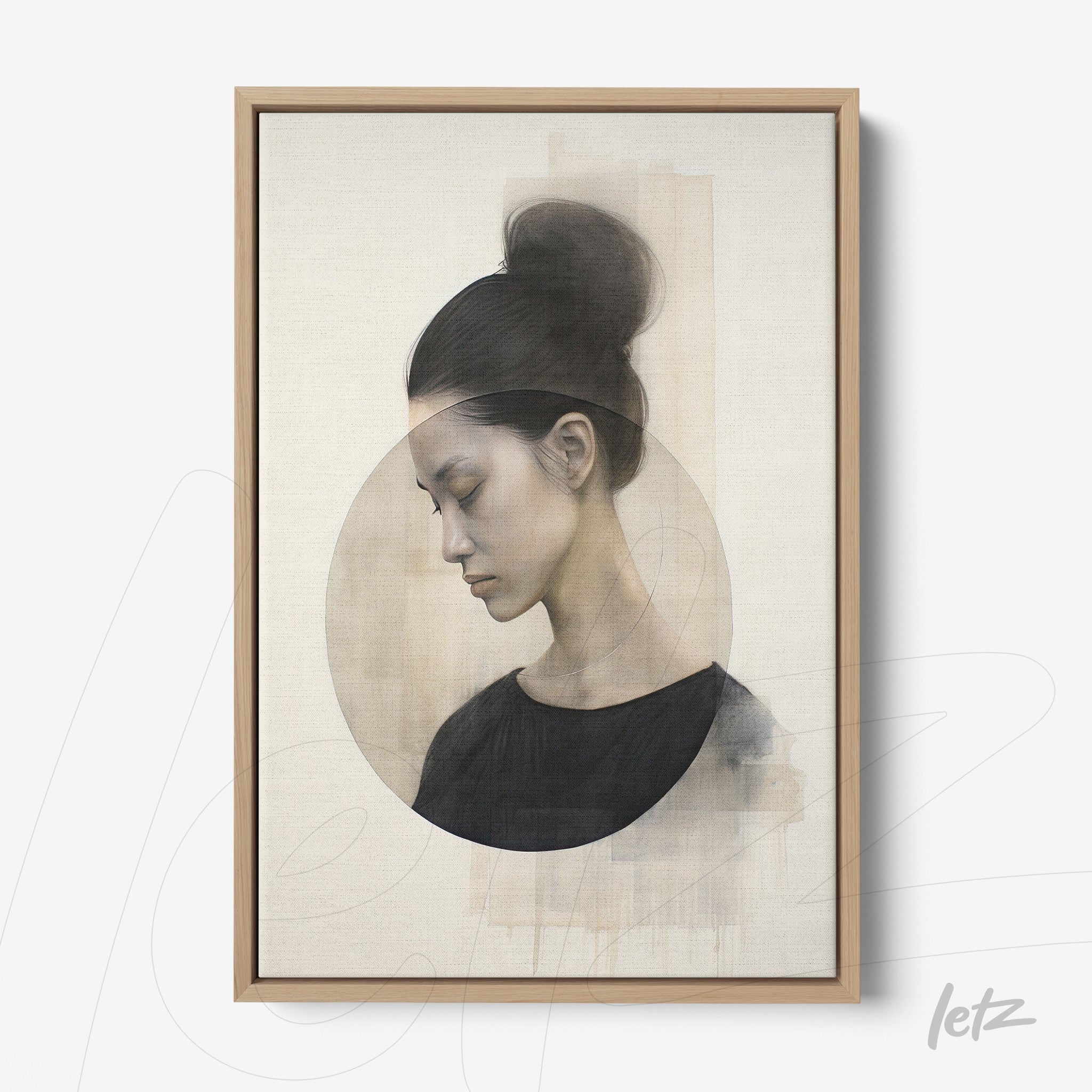 canvas art depicting a woman in profile with a soft background and neutral geometric shapes in a light wood frame
