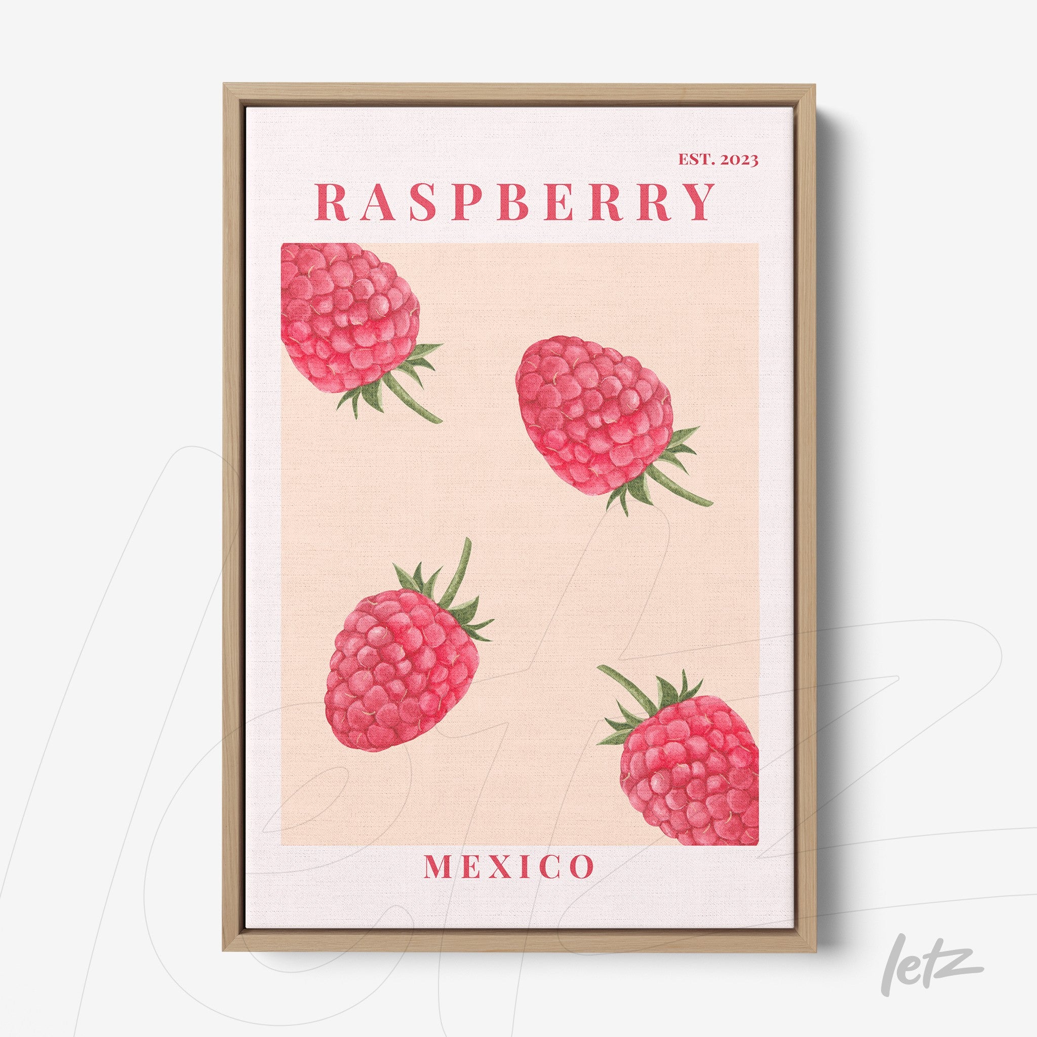framed artwork featuring raspberries on a light background with a light wood frame