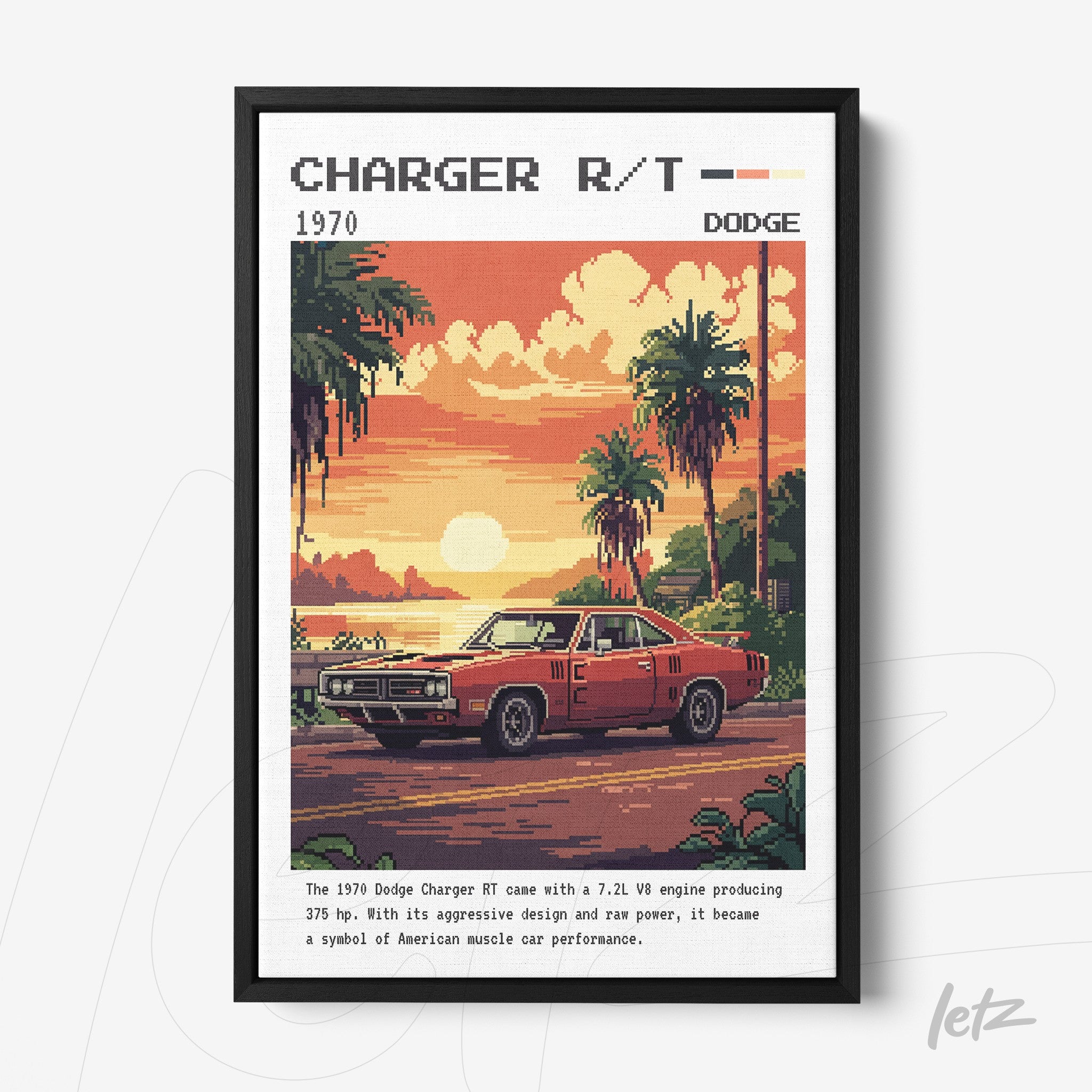 framed retro art of a 1970 Dodge Charger R/T with a black frame and an orange background featuring palm trees