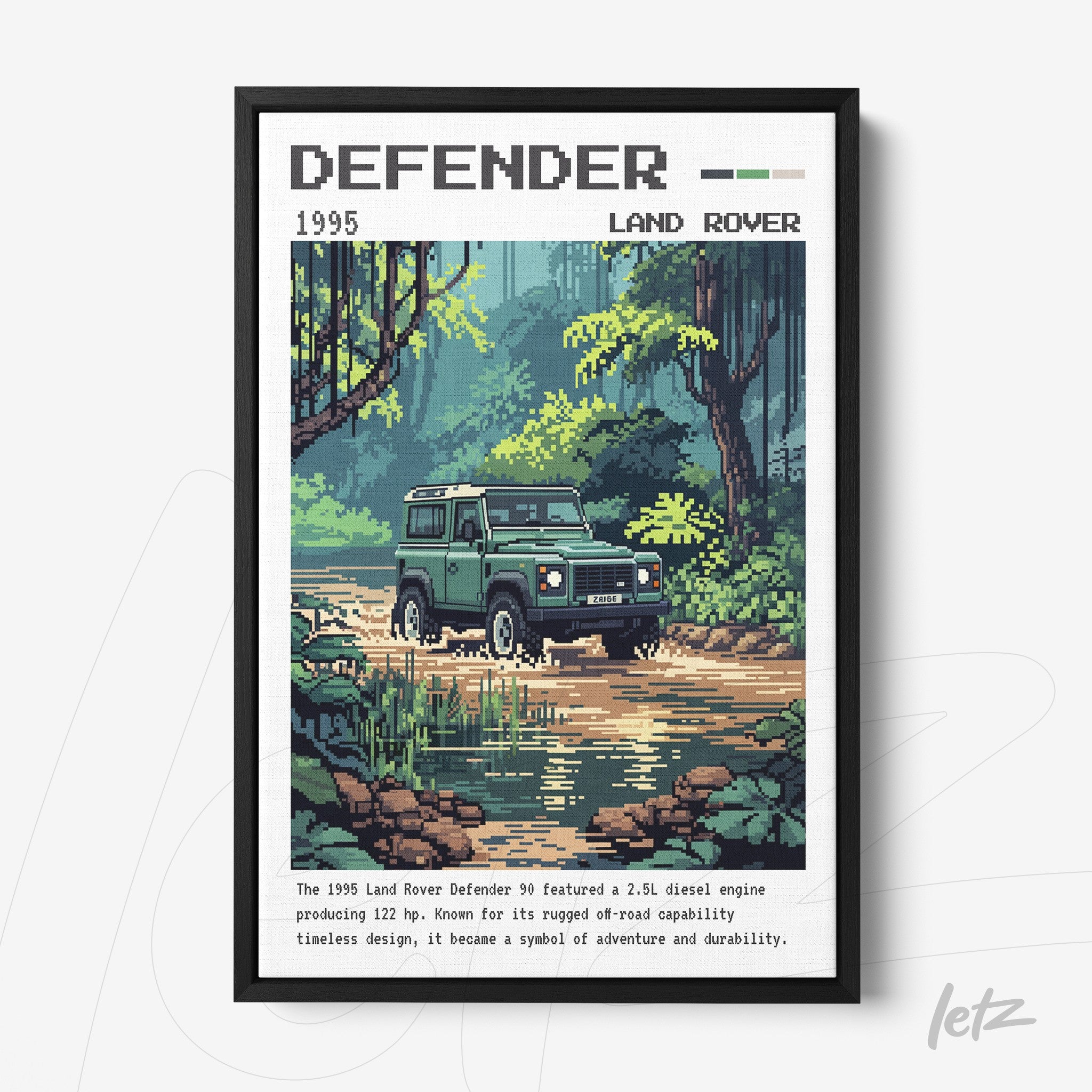 pixel art wall frame depicting a 1995 Land Rover Defender in a lush green landscape