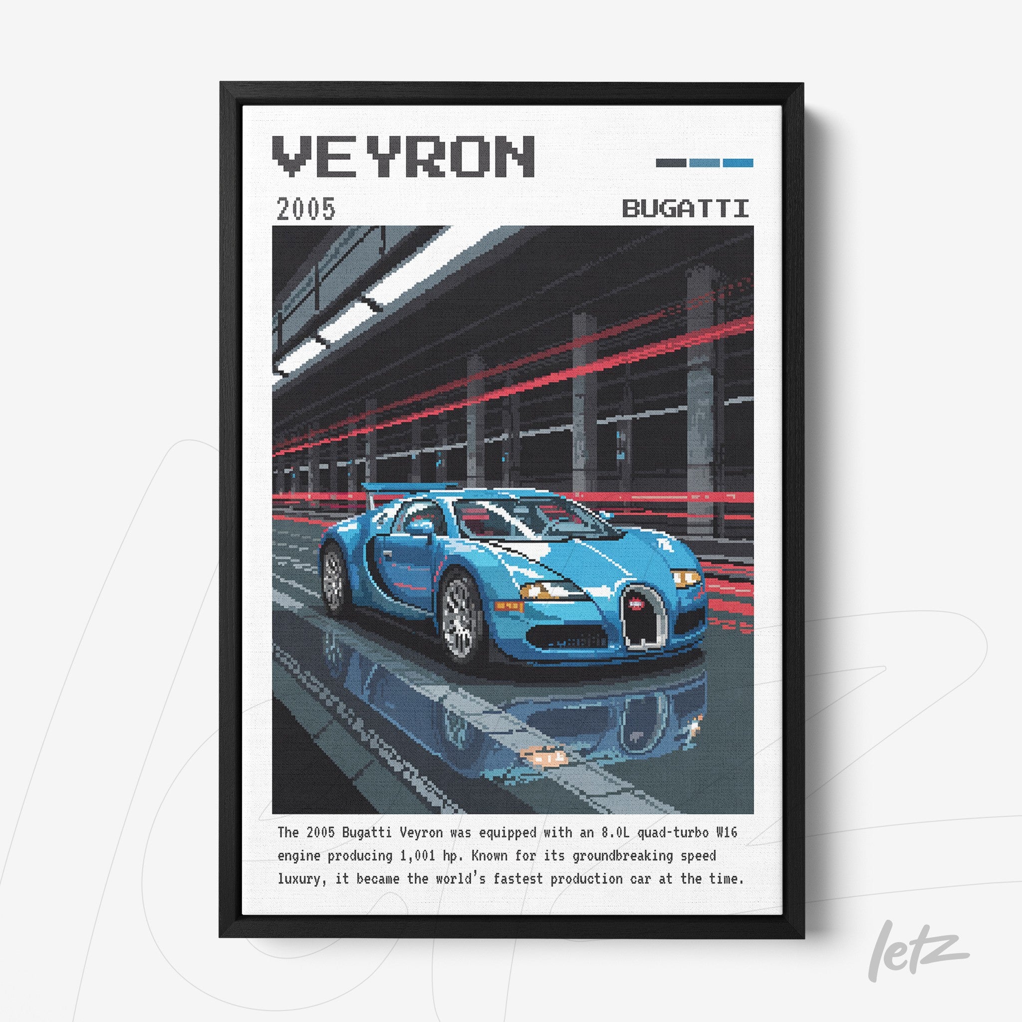 framed digital art of a blue and black Bugatti Veyron with a blurred background of motion lines conveying speed