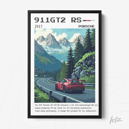 framed pixel art of a porsche 911 gt2 rs on a mountainous road with a black frame and pastel background
