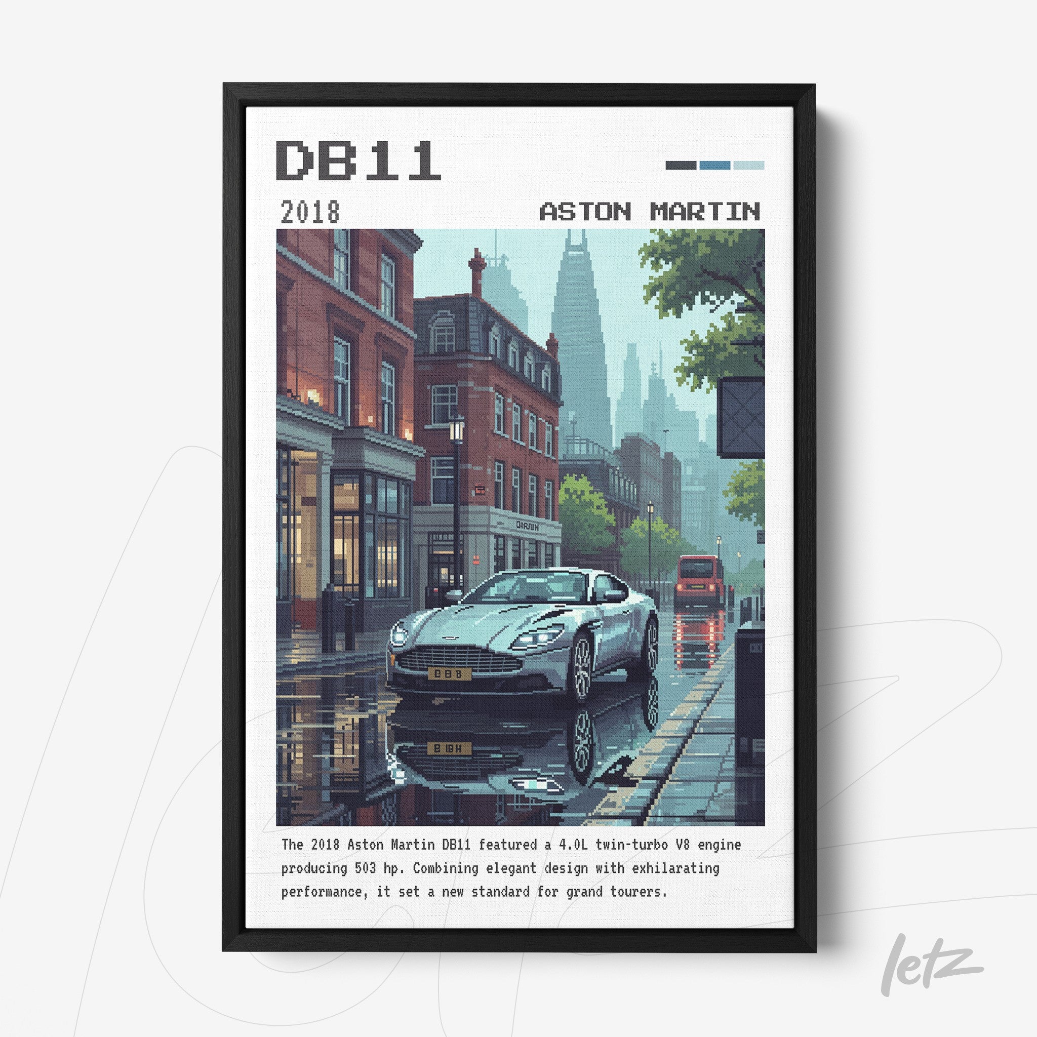 framed digital art of the Aston Martin DB11 in a rainy urban scene with a sleek black frame