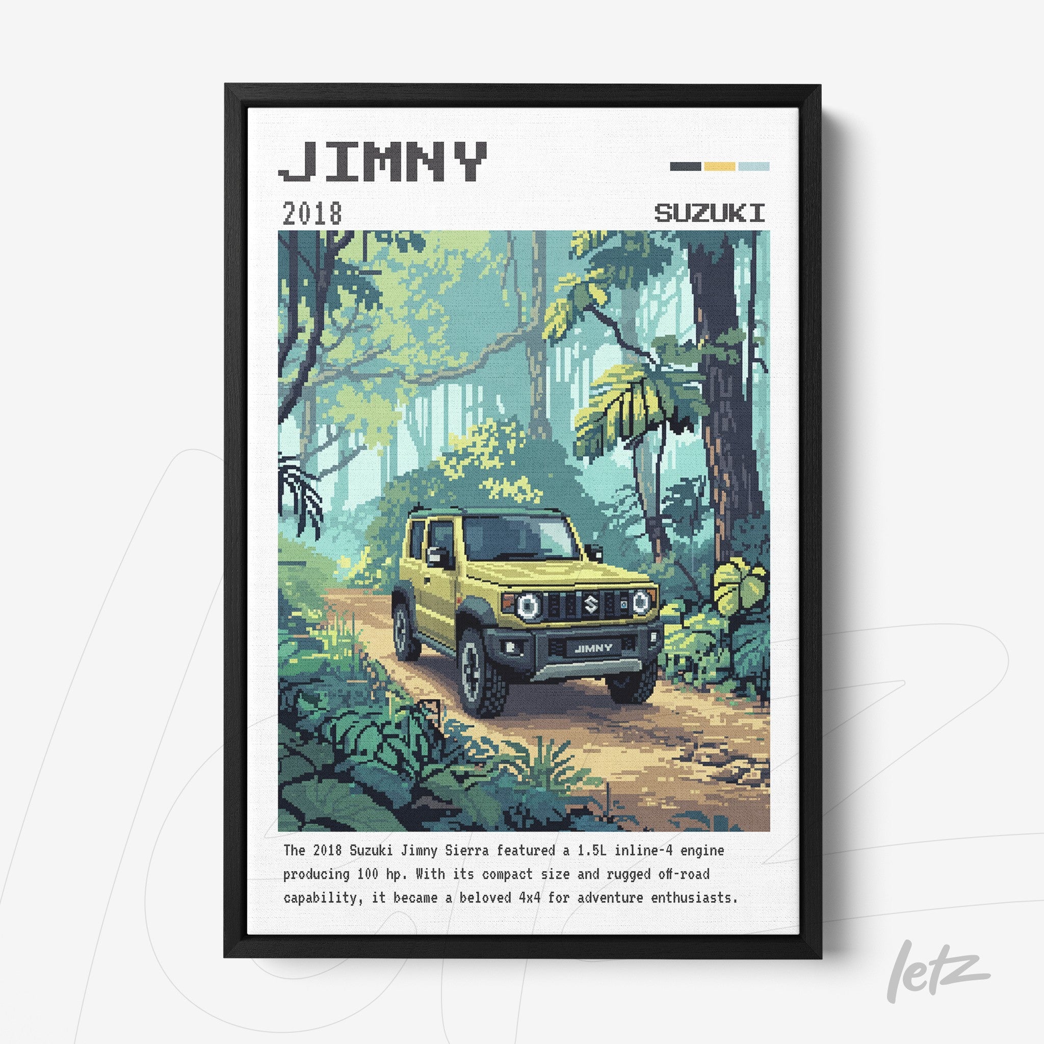 digital art print of the 2018 Suzuki Jimny in a tropical setting with lush greenery
