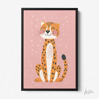 framed artwork of a smiling leopard on a pink background with black frame